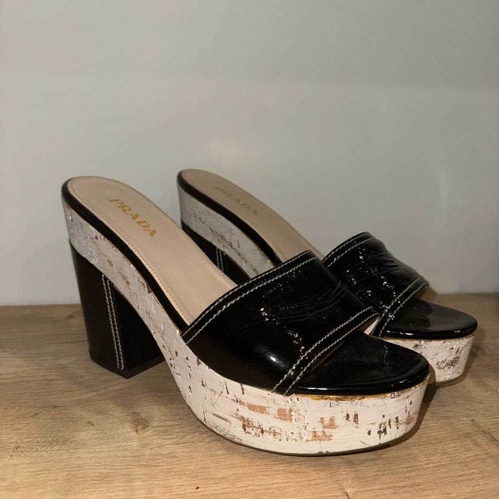 Women’s black cork Prada Mules heels size 9 NEVER WORN